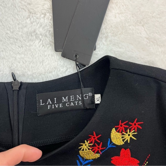 Lai Meng Five Cats Embroidered Floral Folk art Mini Dress Black Size XL NWT - Picture 9 of 14